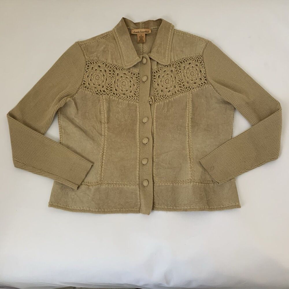 Suede Essentials Shacket Shirt Jacket Women XL Tan‎ Crochet Knit Button Leather